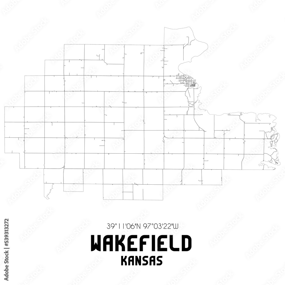Wakefield Kansas. US street map with black and white lines.