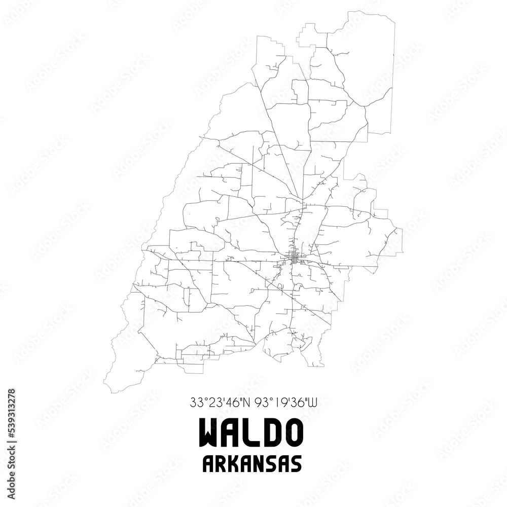 Waldo Arkansas. US street map with black and white lines.