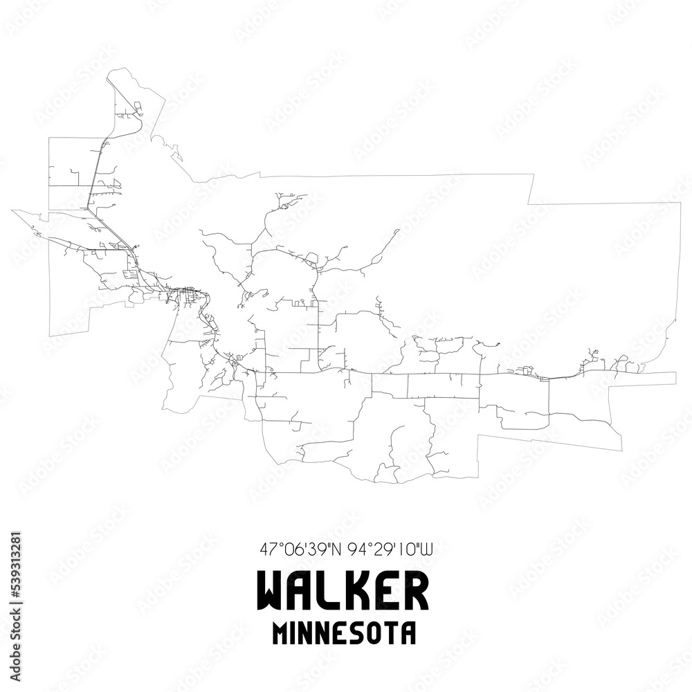 Walker Minnesota. US street map with black and white lines.