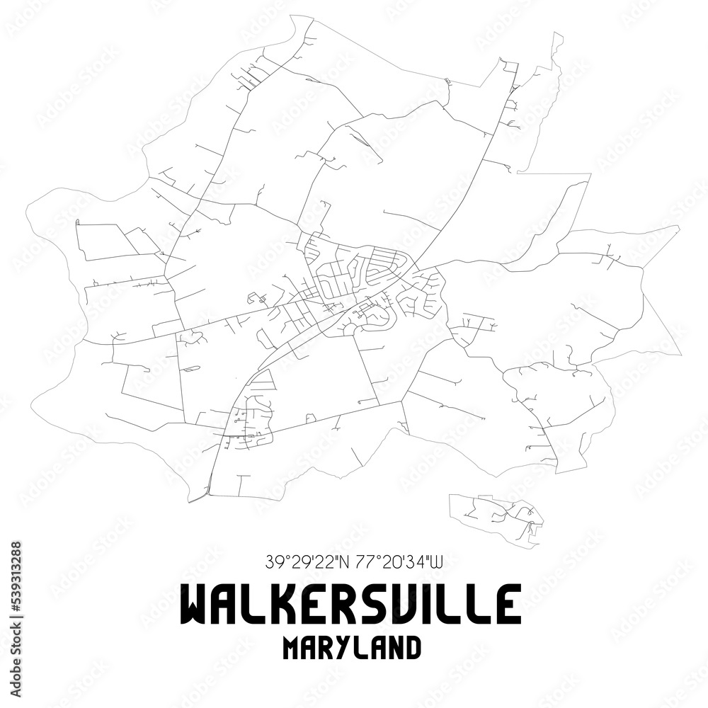 Walkersville Maryland. US street map with black and white lines.