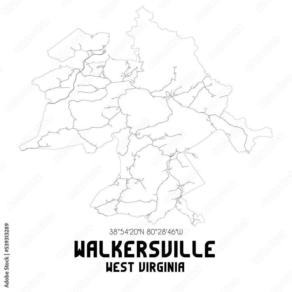 Walkersville West Virginia. US street map with black and white lines.