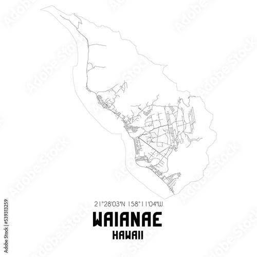 Waianae Hawaii. US street map with black and white lines.