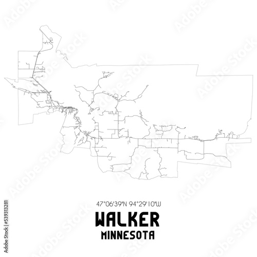 Walker Minnesota. US street map with black and white lines.
