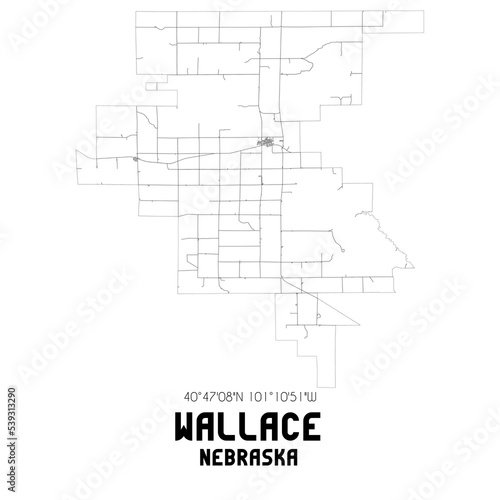 Wallace Nebraska. US street map with black and white lines.