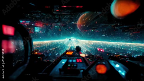 Fototapeta Naklejka Na Ścianę i Meble -  Futuristic view from spaceship cockpit background digital illustration
