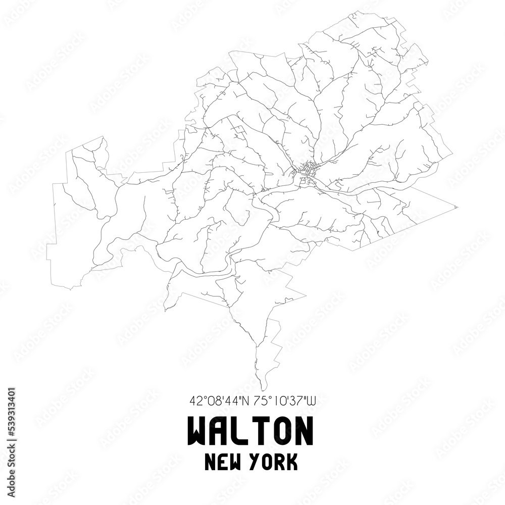 Walton New York. US street map with black and white lines.