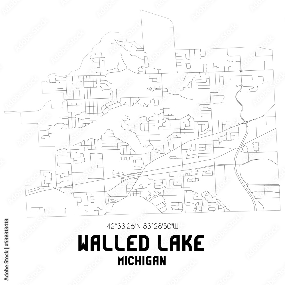 Walled Lake Michigan. US street map with black and white lines.