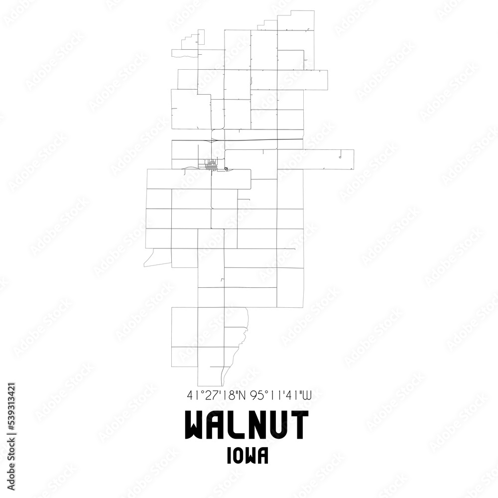 Walnut Iowa. US street map with black and white lines. Walnut Iowa. US street map with black and white lines.
