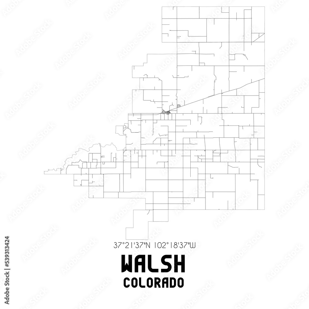 Walsh Colorado. US street map with black and white lines. Stock
