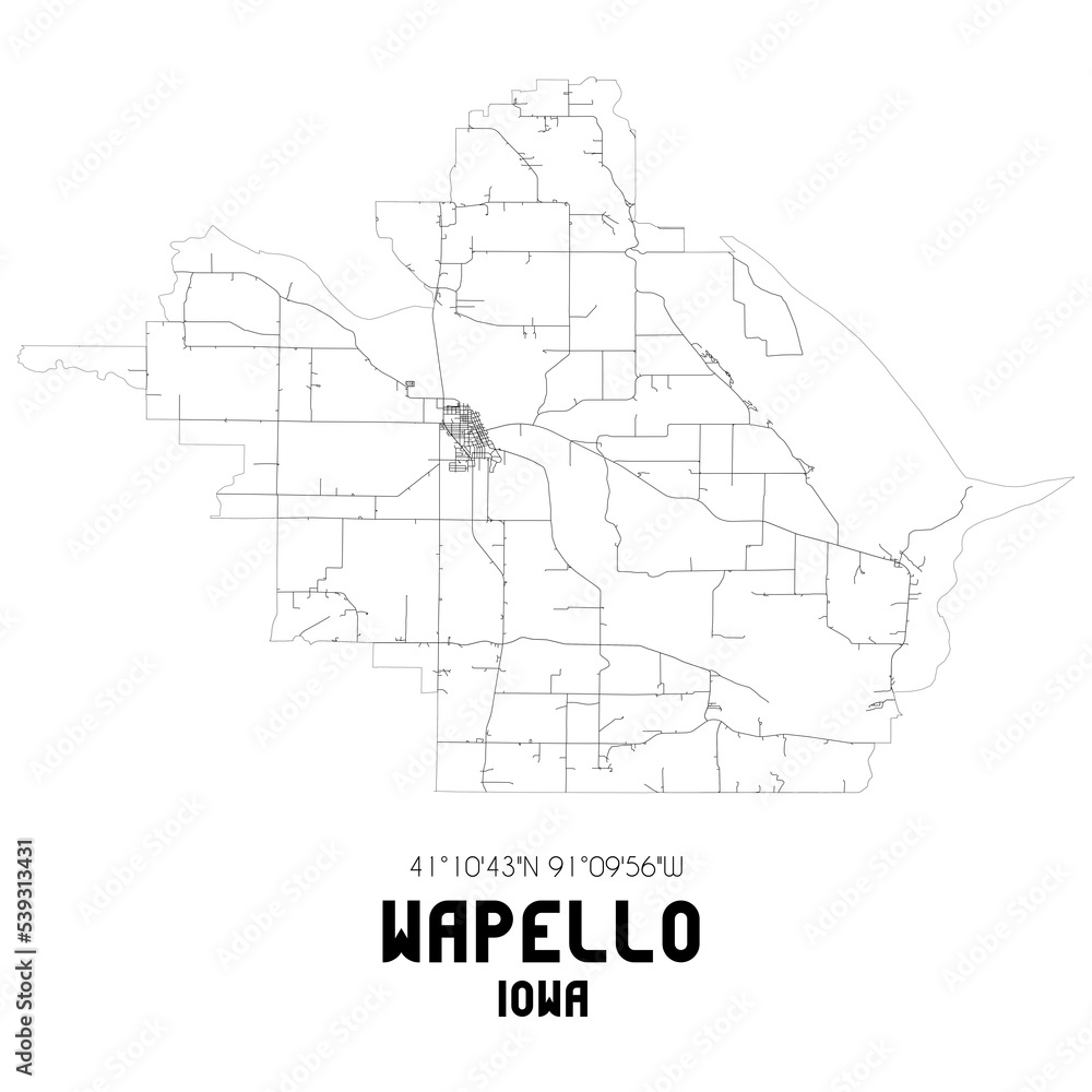 Wapello Iowa. US street map with black and white lines.