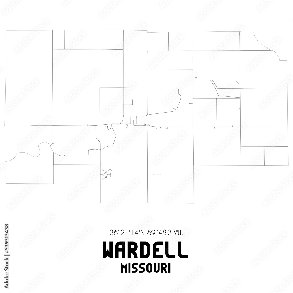 Wardell Missouri. US street map with black and white lines.