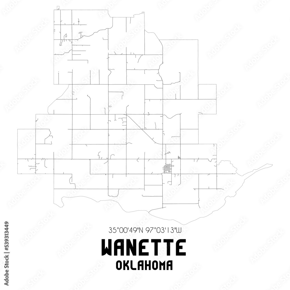 Wanette Oklahoma. US street map with black and white lines.