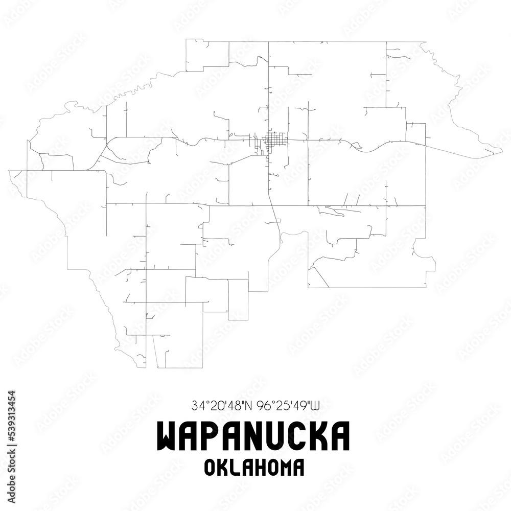 Wapanucka Oklahoma. US street map with black and white lines.