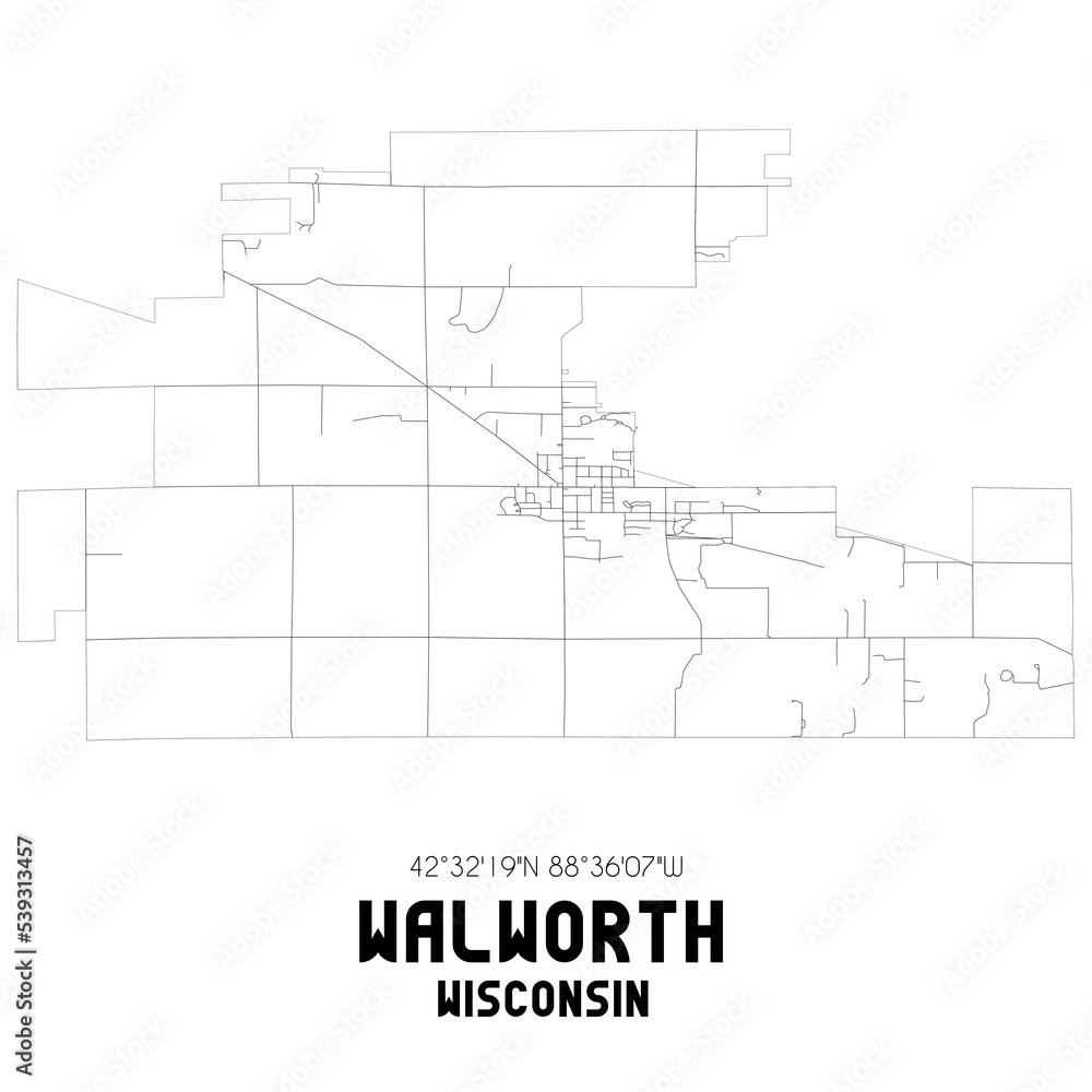 Walworth Wisconsin. US street map with black and white lines.