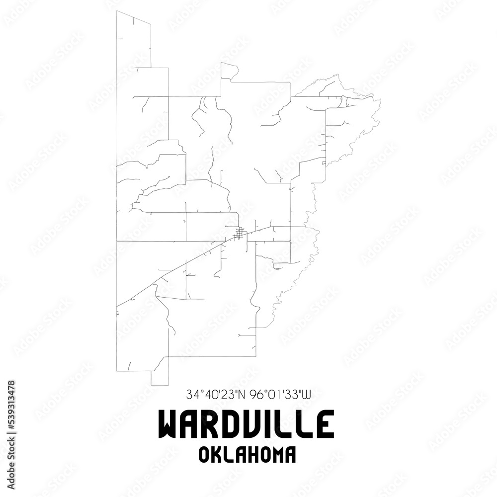 Wardville Oklahoma. US street map with black and white lines.