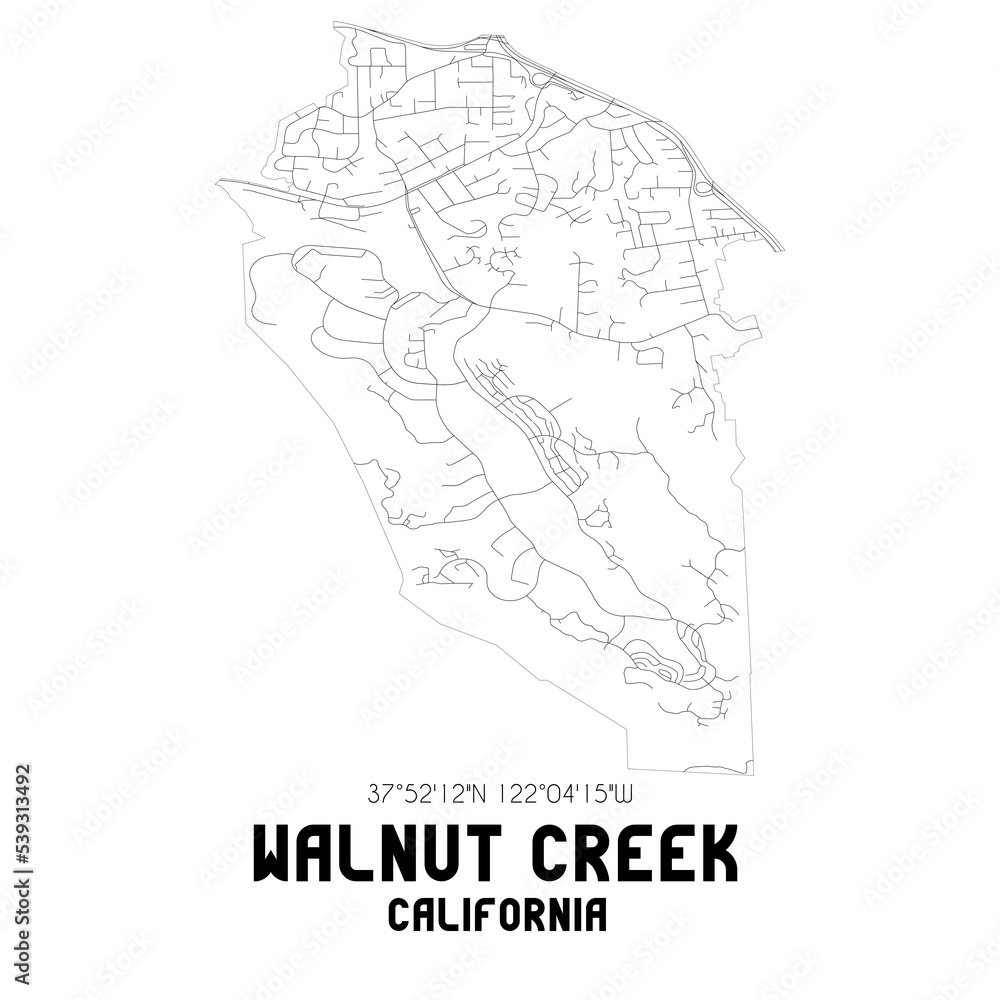 Walnut Creek California. US street map with black and white lines.