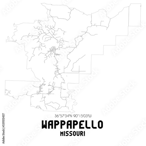 Wappapello Missouri. US street map with black and white lines.