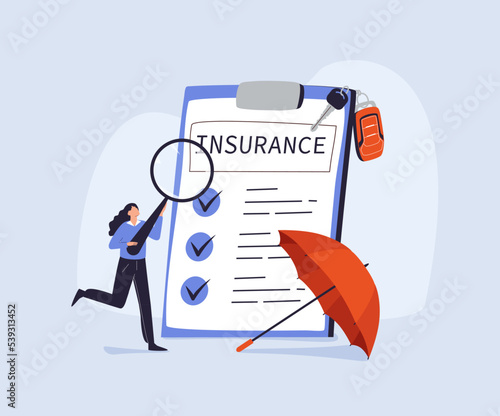 Insurance of auto or real estate illustration. Character buying or renting car signing full coverage insurance policy