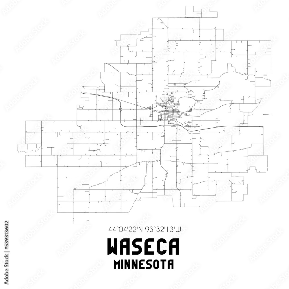 Waseca Minnesota. US street map with black and white lines.