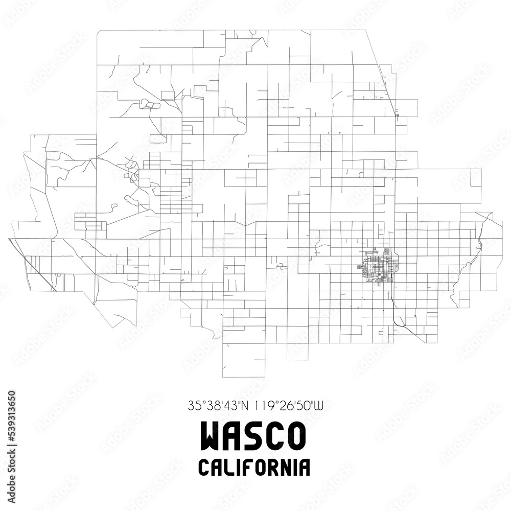 Wasco California. US street map with black and white lines.