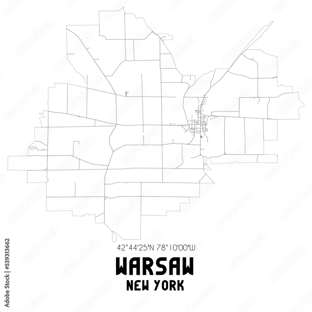 Warsaw New York. US street map with black and white lines.