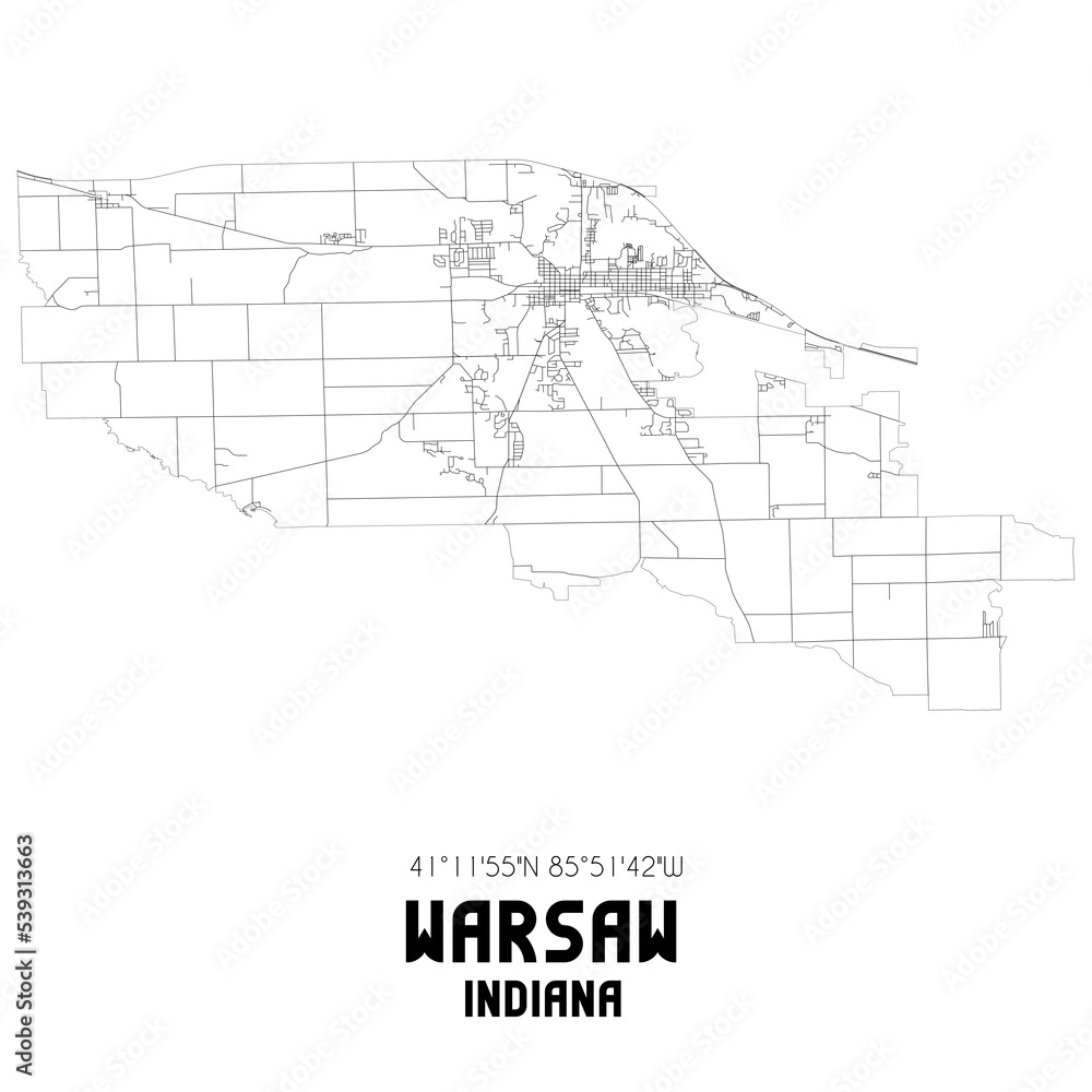 Naklejka premium Warsaw Indiana. US street map with black and white lines.