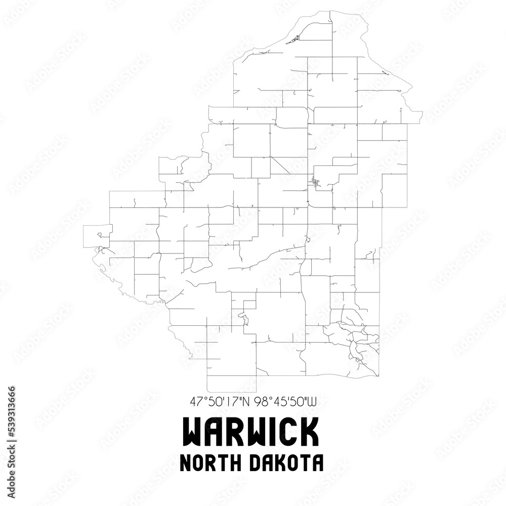 Warwick North Dakota. US street map with black and white lines.