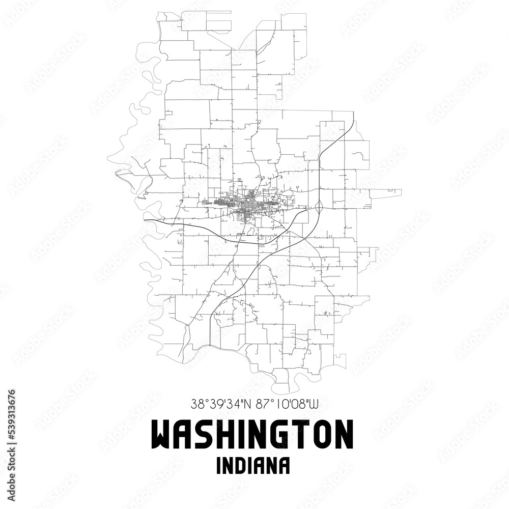 Washington Indiana. US street map with black and white lines.