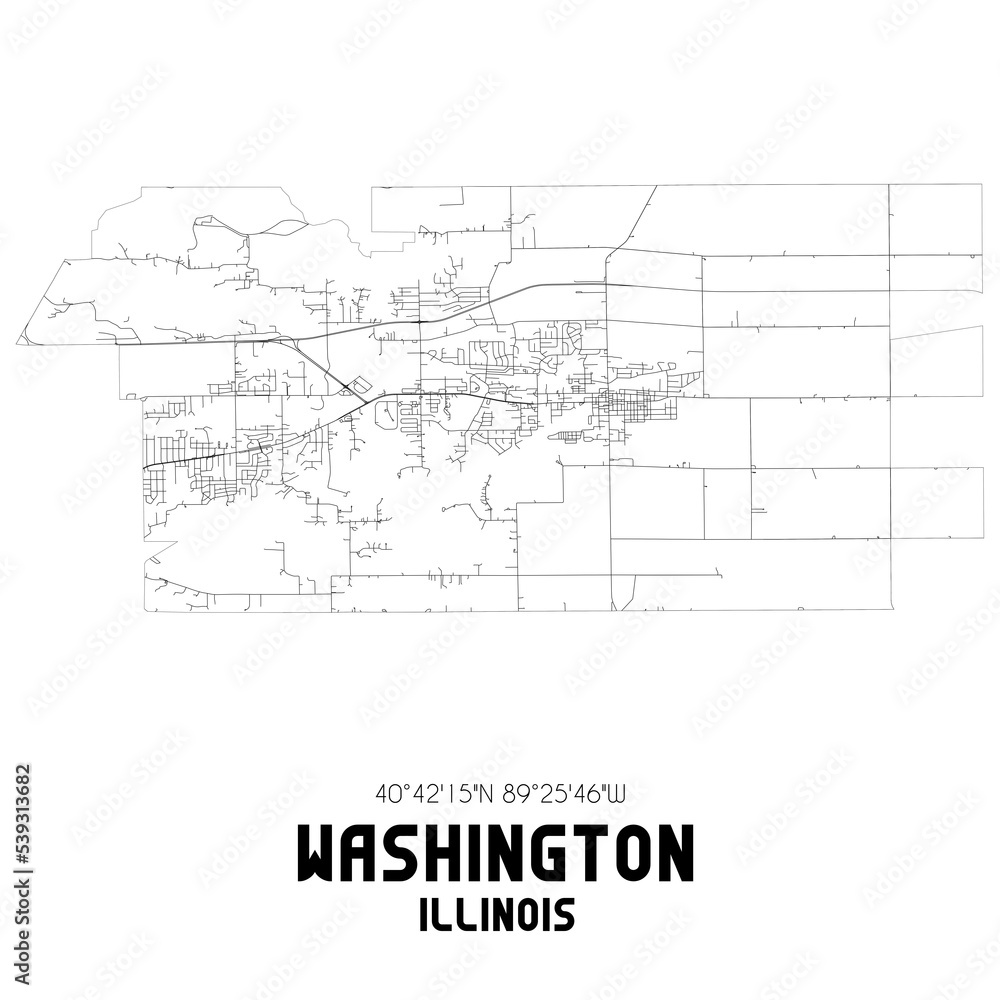 Washington Illinois. US street map with black and white lines.