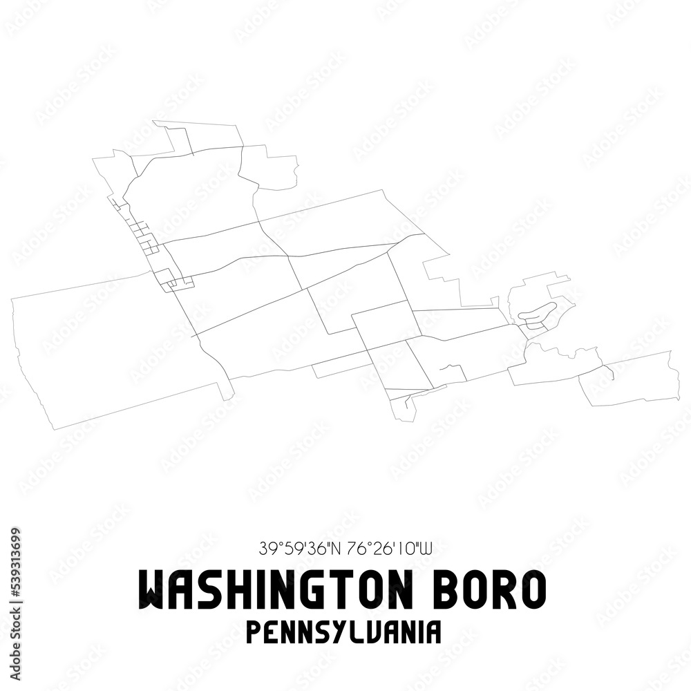 Washington Boro Pennsylvania. US street map with black and white lines.