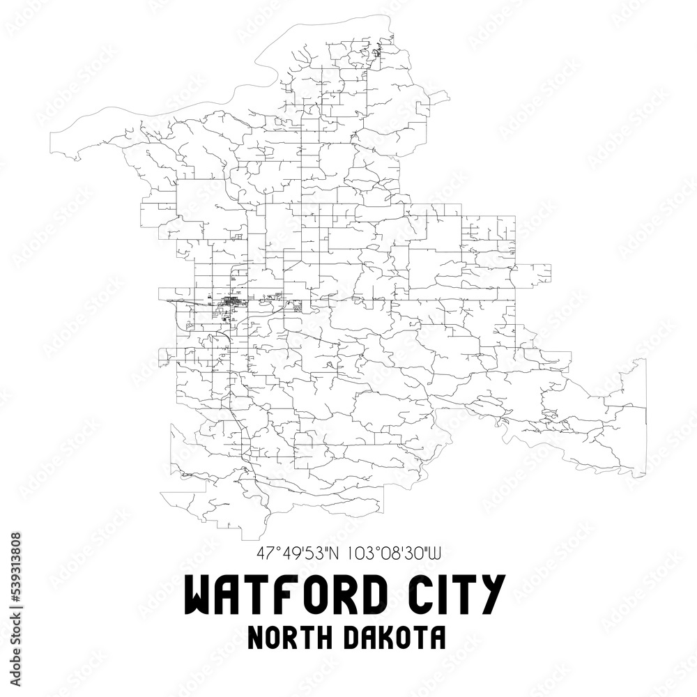 Watford City North Dakota. US street map with black and white lines.