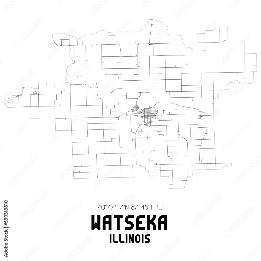 Watseka Illinois. US street map with black and white lines.