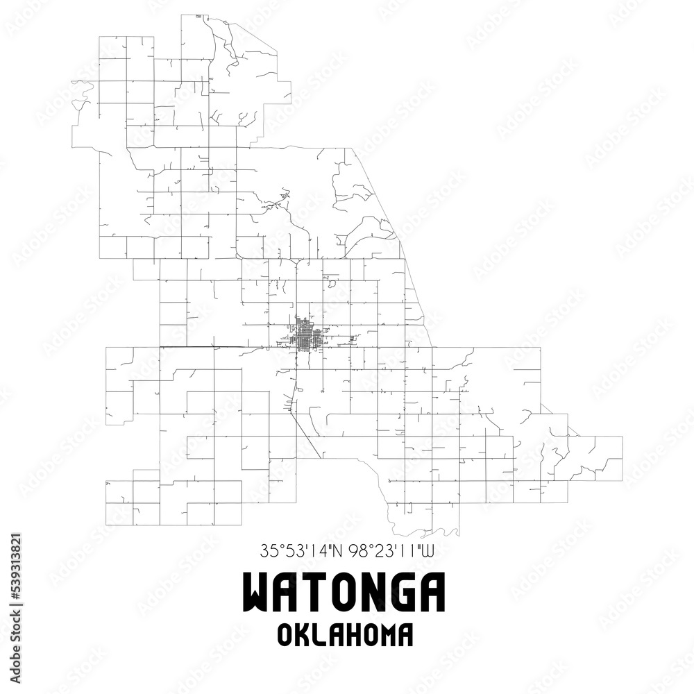 Watonga Oklahoma. US street map with black and white lines.