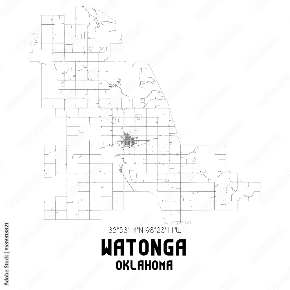 Watonga Oklahoma. US street map with black and white lines. Watonga Oklahoma. US street map with black and white lines.