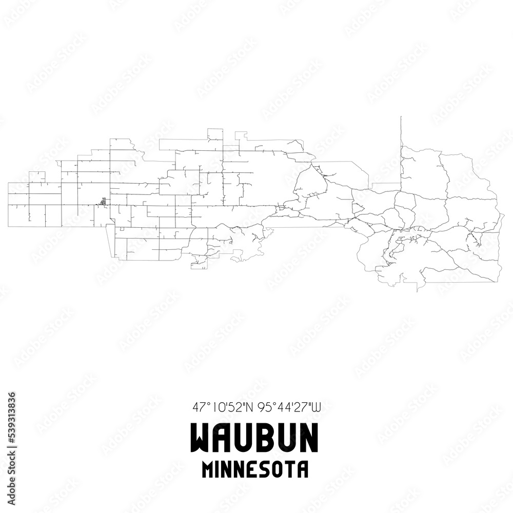 Waubun Minnesota. US street map with black and white lines.