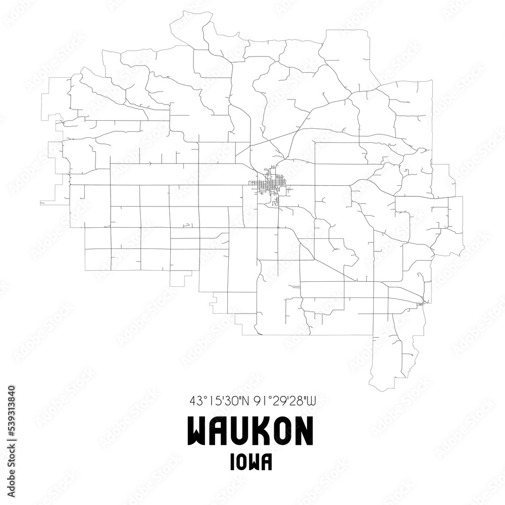 Waukon Iowa. US street map with black and white lines.