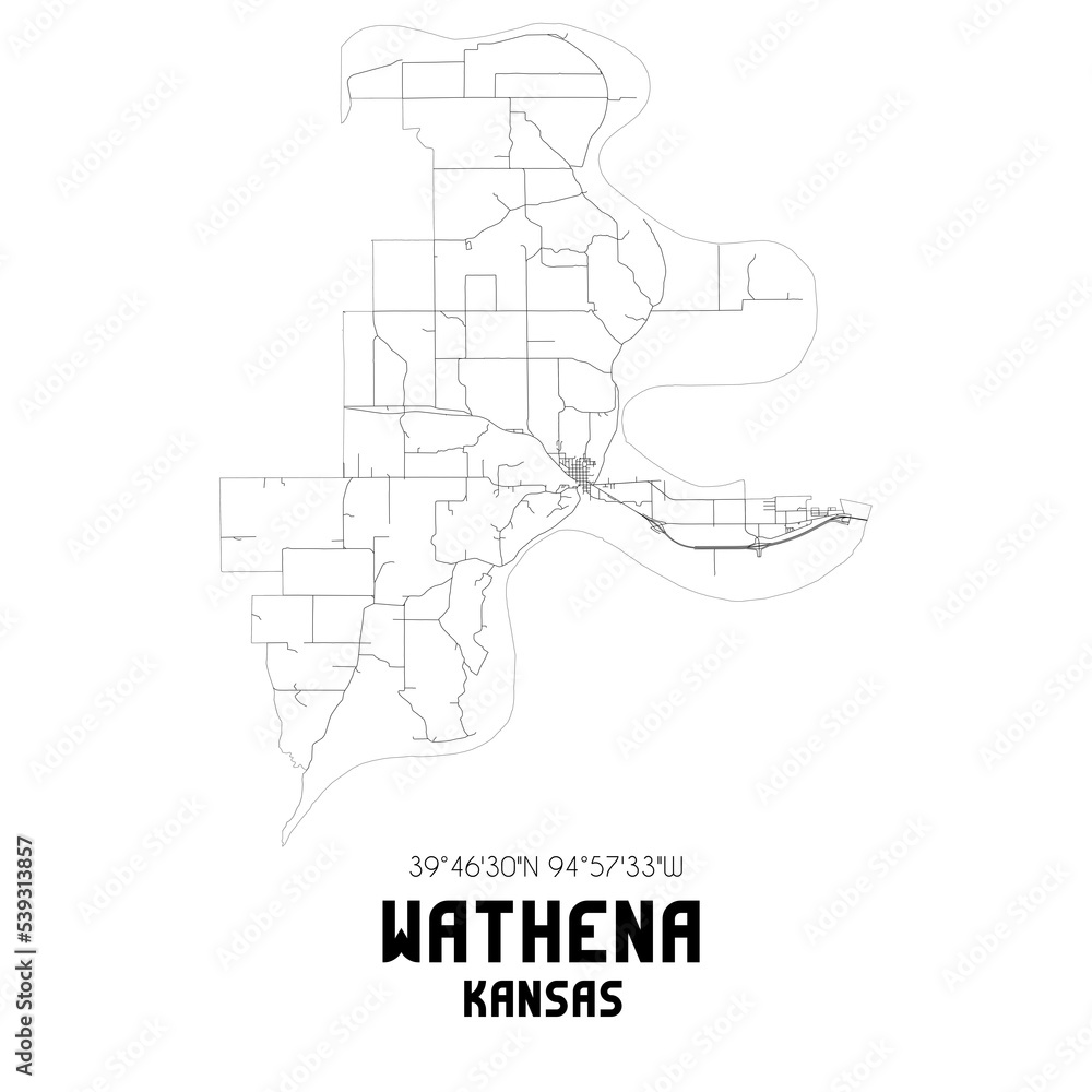 Wathena Kansas. US street map with black and white lines. Stock