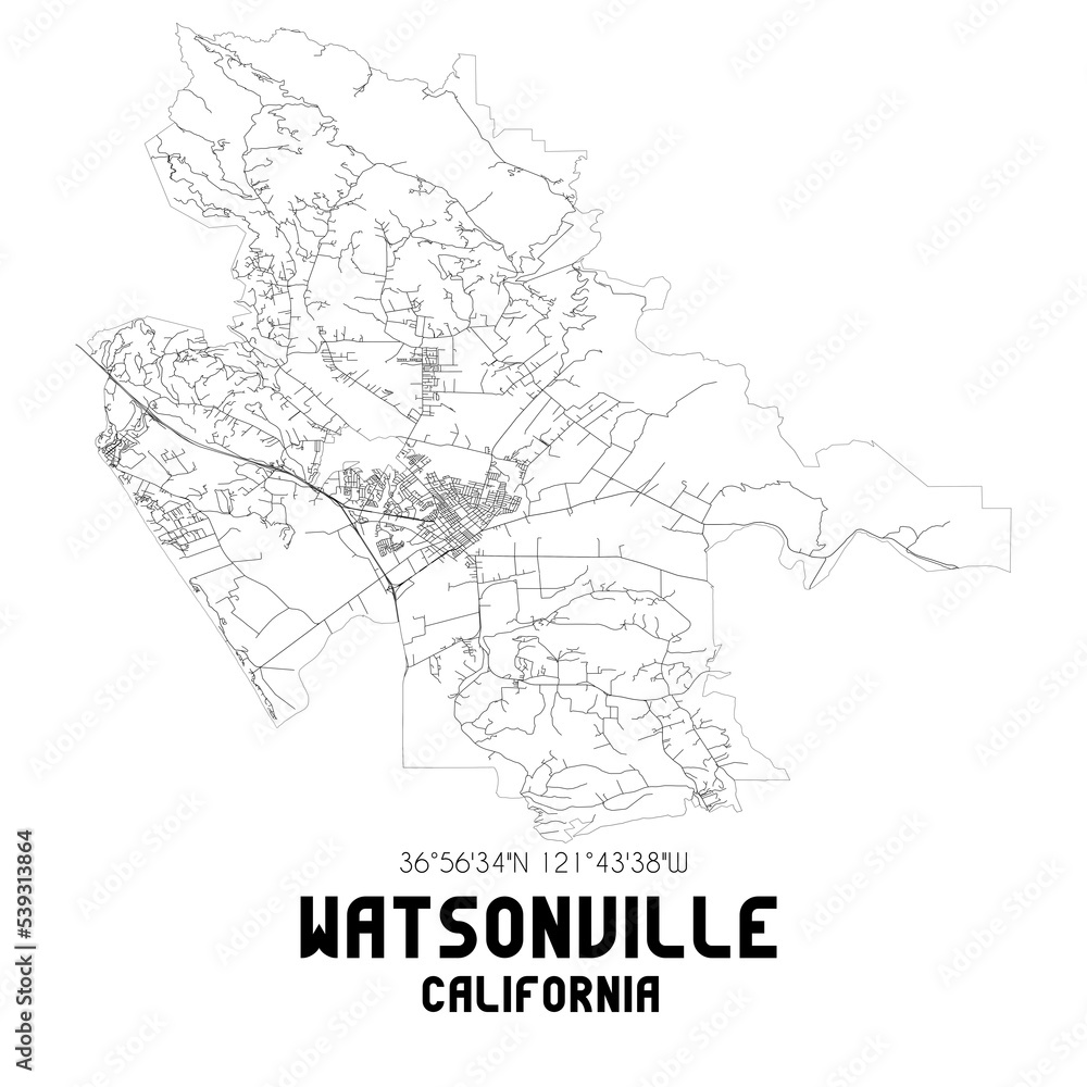 Watsonville California. US street map with black and white lines.