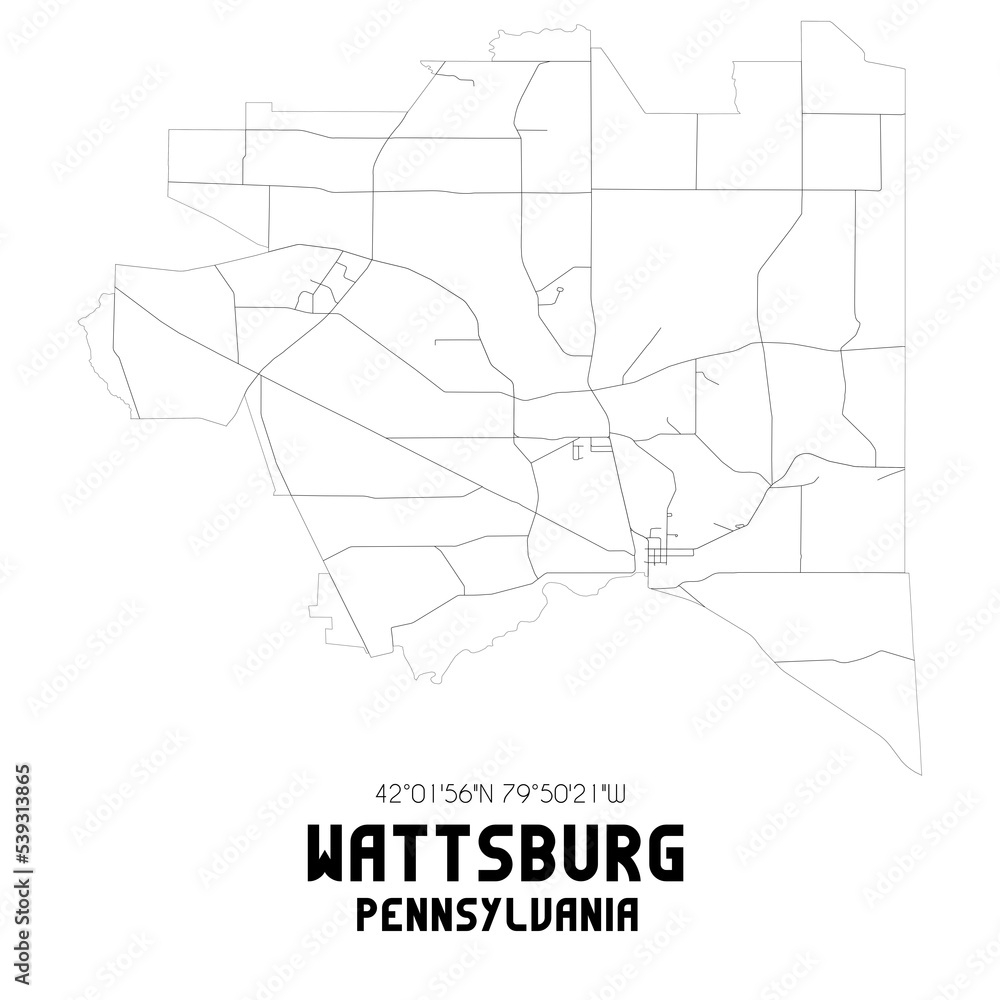 Wattsburg Pennsylvania. US street map with black and white lines.