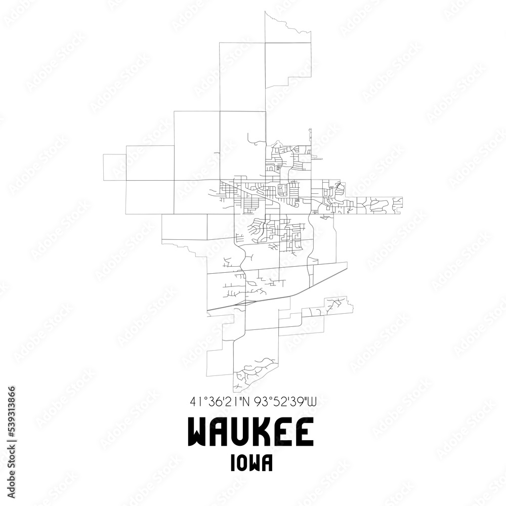 Waukee Iowa. US street map with black and white lines.