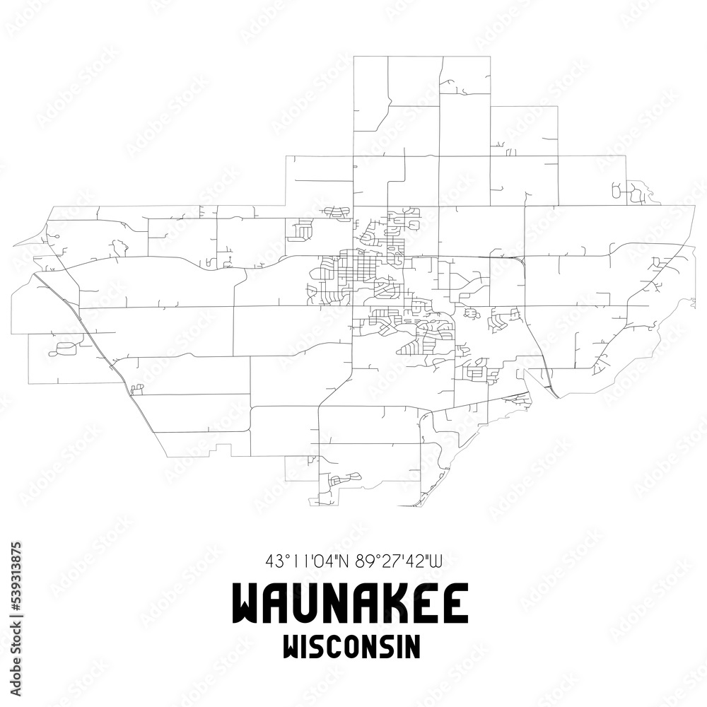 Waunakee Wisconsin. US street map with black and white lines.