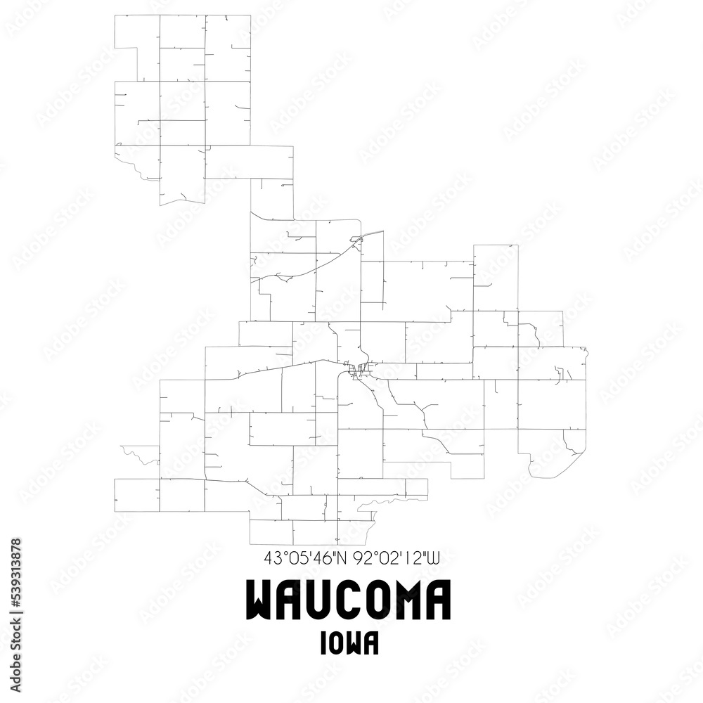 Waucoma Iowa. US street map with black and white lines.