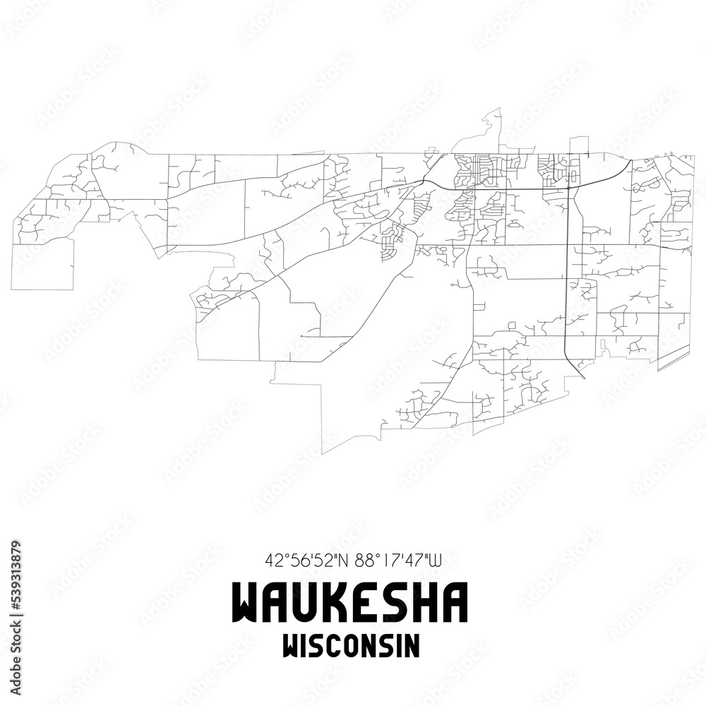 Waukesha Wisconsin. US street map with black and white lines.