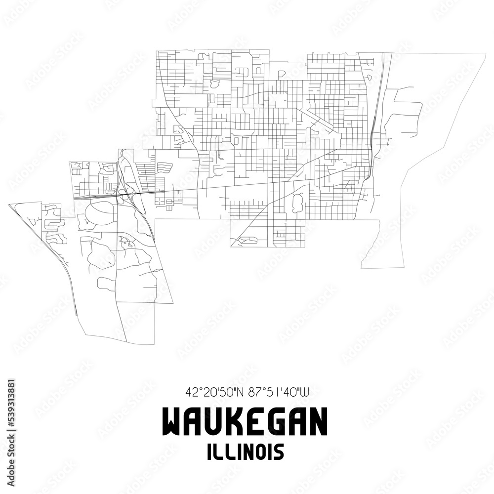 Waukegan Illinois. US street map with black and white lines. Waukegan Illinois. US street map with black and white lines.
