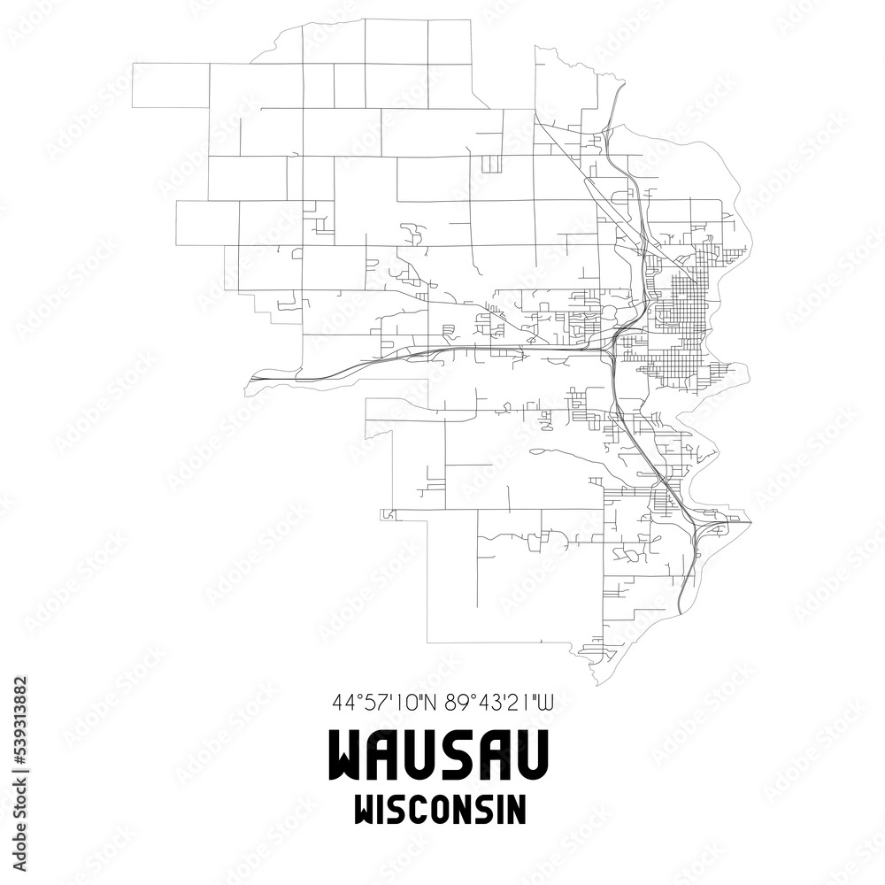 Wausau Wisconsin. US street map with black and white lines.