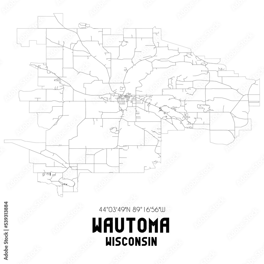 Wautoma Wisconsin. US street map with black and white lines.
