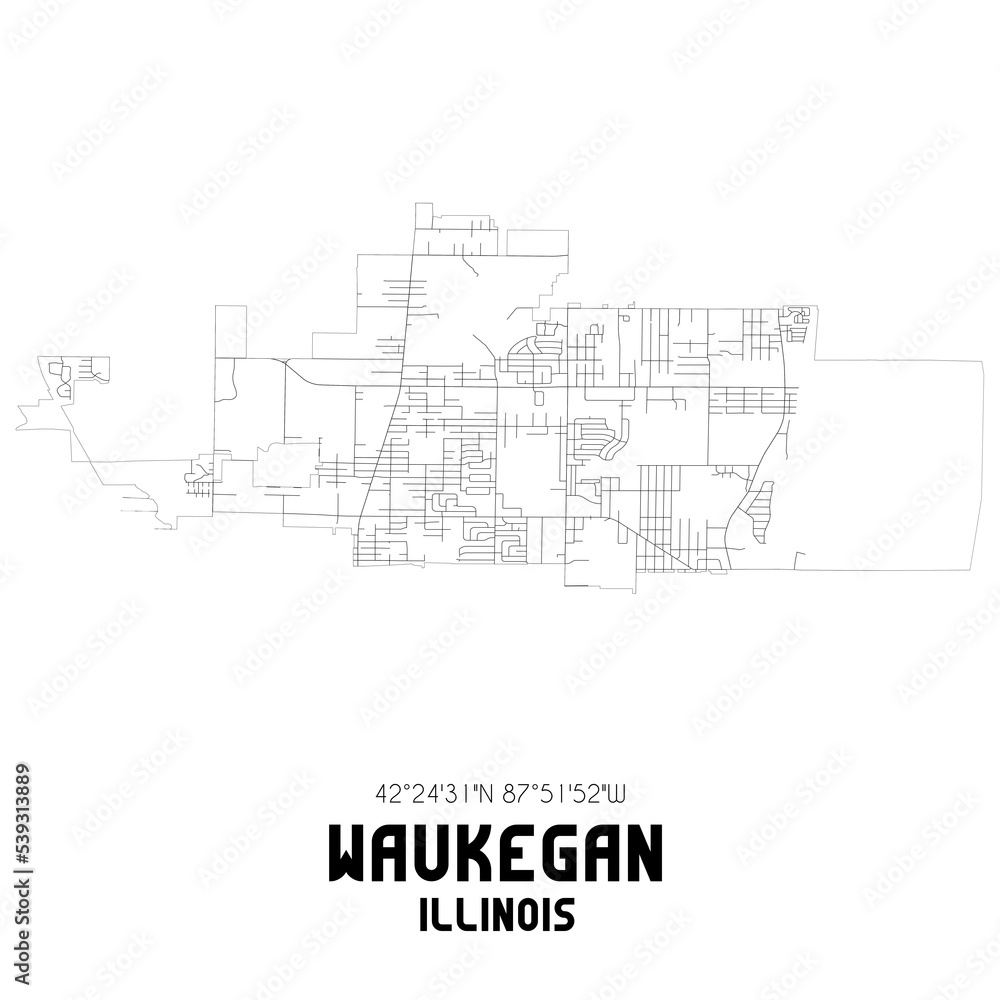 Waukegan Illinois. US street map with black and white lines.