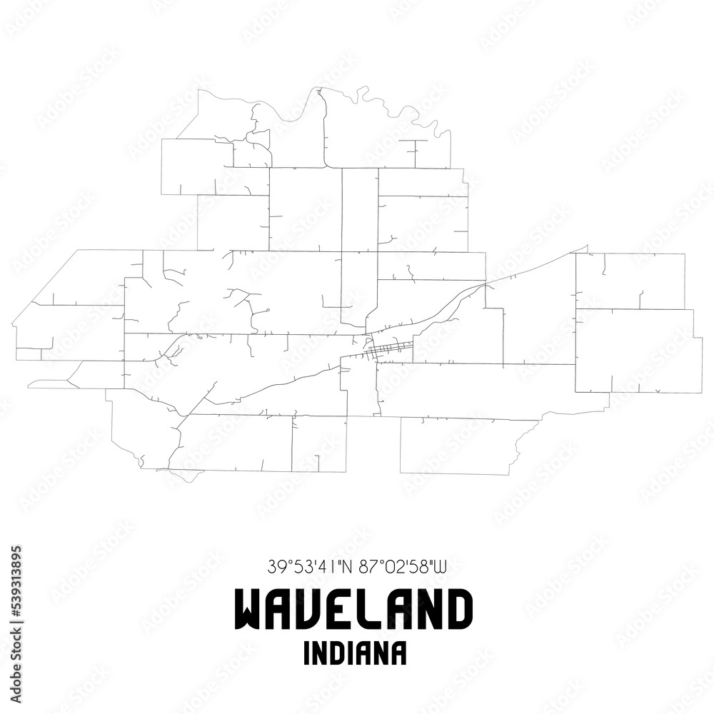 Waveland Indiana. US street map with black and white lines.