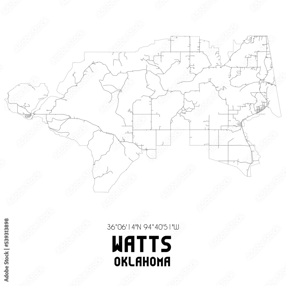 Watts Oklahoma. US street map with black and white lines.