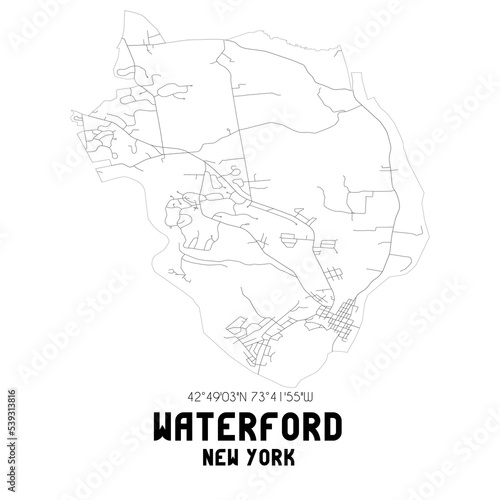 Waterford New York. US street map with black and white lines.